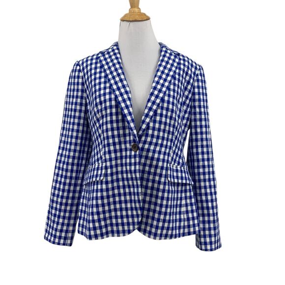 J Crew Blazer Womens 12 Petite Blue White Gingham Schoolboy Linen Shoulder Pads - Picture 1 of 12